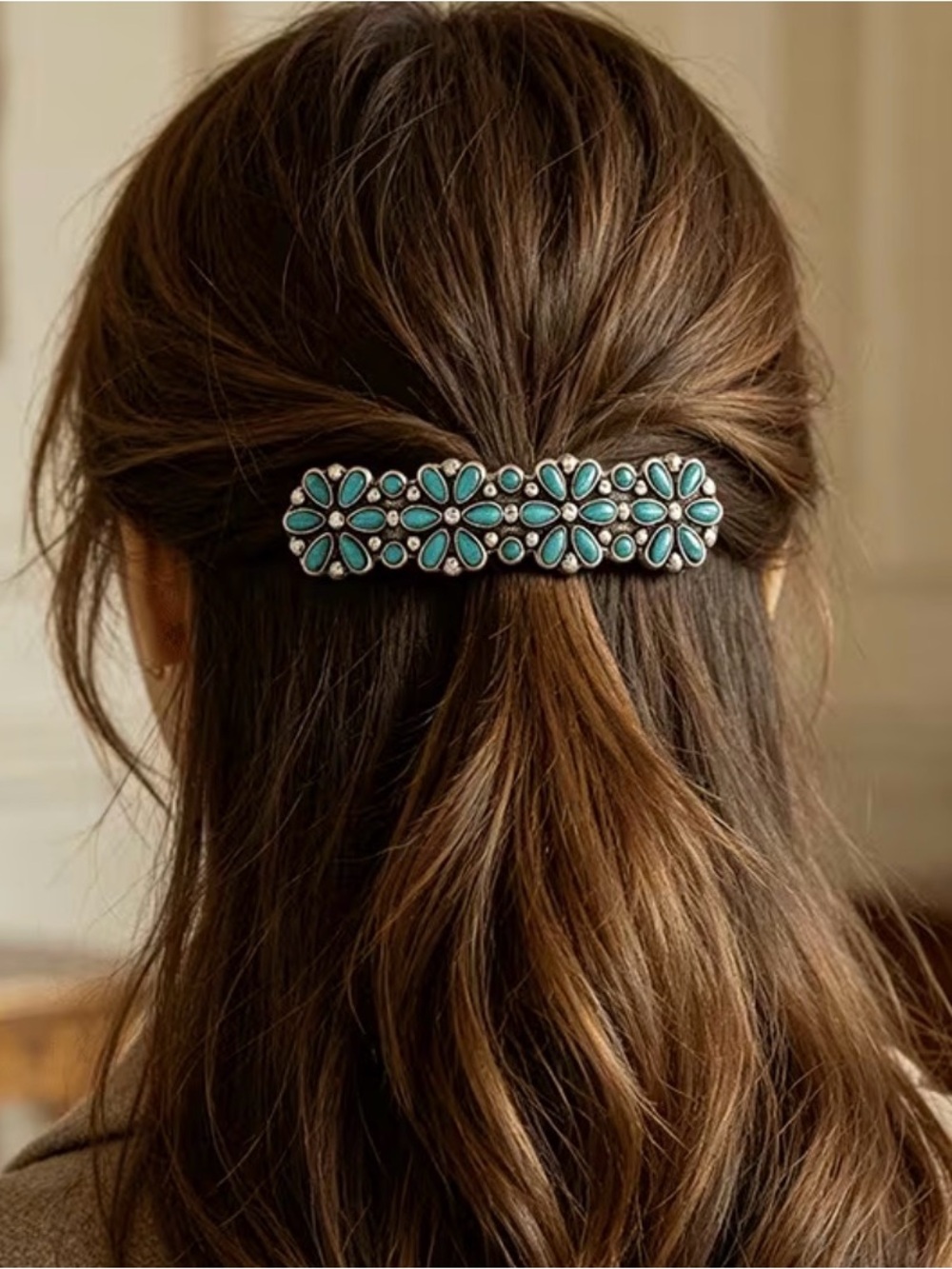Western Barrette Turquoise Floral Barrette Hair Clip - Women Accessories